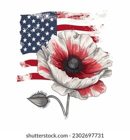 Beautiful watercolor illustration Poppy flower and American flag isolated on white background