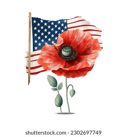 Beautiful watercolor illustration Poppy flower and American flag isolated on white background