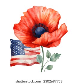 Beautiful watercolor illustration Poppy flower and American flag isolated on white background