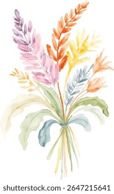 A beautiful watercolor illustration showcases a delicate bouquet of various botanical elements in soft pastel colors, tied with a ribbon, isolated on a transparent background.