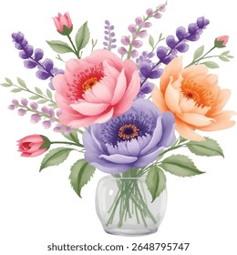 A beautiful watercolor illustration showcases a delicate bouquet of pink, orange, and purple peonies, all presented in a clear glass vase on a transparent background.