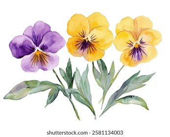 A beautiful watercolor illustration of three pansy flowers in rich yellow and purple tones, surrounded by lush green leaves, showcasing botanical elegance and artistic detail