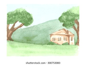 Beautiful watercolor landscape with country house on green plain and hill, trees around old home, drawn by watercolour, vector illustration
