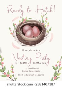 Beautiful watercolor Nesting Party invitation with a bird's nest, pink eggs, floral accents, and soft pastel tones. Perfect for baby showers, gender reveal parties, and nature-inspired celebrations.