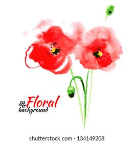 Beautiful watercolor paint red poppy. Vector illustration. Cards of Happy Mother's Day