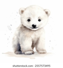 Beautiful watercolor painting of adorable polar bear cub, captivating wildlife artistry. Vector illustration of cub's endearing expression and soft fur texture, for nature-themed designs