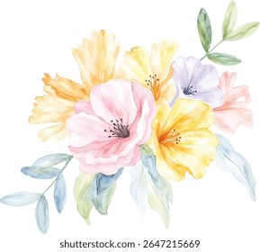 A beautiful watercolor painting features a cluster of soft pink, yellow, and lavender flowers with delicate green leaves, all isolated on a transparent background.