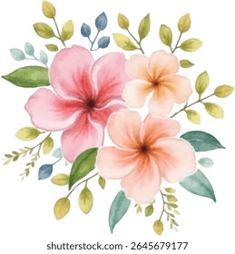 A beautiful watercolor painting featuring a cluster of soft pink and peach flowers with delicate green and blue leaves, isolated on a transparent background.
