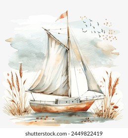 A beautiful watercolor painting featuring a sailboat gracefully gliding through the water. Vector. The art portrays the boats mast and sails in vibrant colors