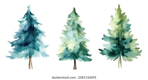 A beautiful watercolor painting featuring three evergreen trees in various shades of green, capturing the essence of nature, forests, and winter landscapes in an artistic style