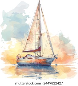 A beautiful watercolor painting of a sailboat gliding through the ocean, Vector, capturing the essence of art, sailing, and the tranquil beauty of watercraft