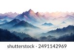 A beautiful watercolor painting showcasing a serene and misty mountain range at dawn, evoking calmness and tranquility.
