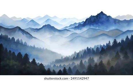 A beautiful watercolor painting showcasing a serene and misty mountain range at dawn, evoking calmness and tranquility.
