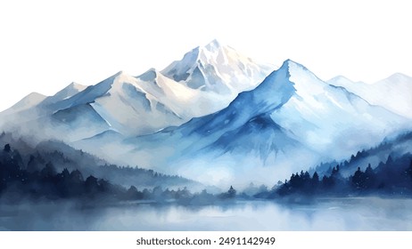 A beautiful watercolor painting showcasing a serene and misty mountain range at dawn, evoking calmness and tranquility.
