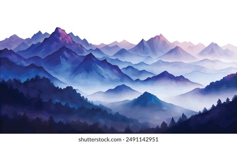 A beautiful watercolor painting showcasing a serene and misty mountain range at dawn, evoking calmness and tranquility.
