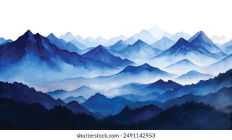 A beautiful watercolor painting showcasing a serene and misty mountain range at dawn, evoking calmness and tranquility.
