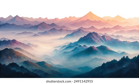 A beautiful watercolor painting showcasing a serene and misty mountain range at dawn, evoking calmness and tranquility.
