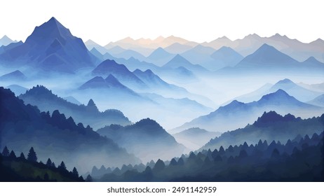 A beautiful watercolor painting showcasing a serene and misty mountain range at dawn, evoking calmness and tranquility.
