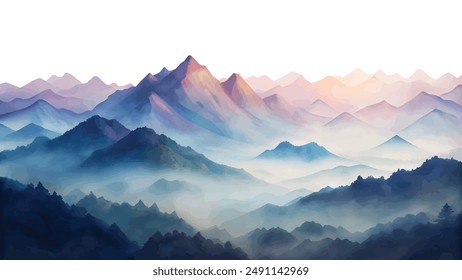 A beautiful watercolor painting showcasing a serene and misty mountain range at dawn, evoking calmness and tranquility.
