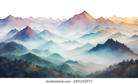 A beautiful watercolor painting showcasing a serene and misty mountain range at dawn, evoking calmness and tranquility.
