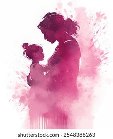 Bela aquarela pintura de momento carinhoso de uma mãe amorosa segurando sua preciosa filha perto em seus braços, vínculo e afeto em tons vibrantes de cor vetor ilustração. 