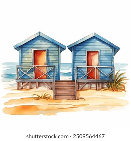 Bela aquarela pintura de duas cabanas de praia encantadoras na praia arenosa, serena, paisagem pitoresca, vida costeira e cores vibrantes. Projeto vetorial de duas encantadoras cabanas de praia 