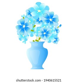 Beautiful watercolor pale blue flowers in a vase. Vector.