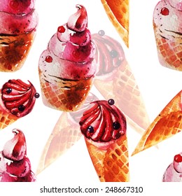 Beautiful watercolor pattern with Cake. Hand drawing, vector.