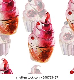 Beautiful watercolor pattern with Cake. Hand drawing, vector.
