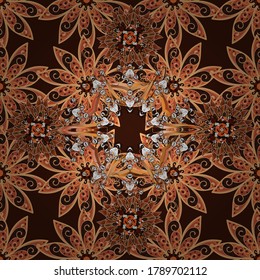 Beautiful watercolor pattern with flowers. Vector illustration. On brown, orange and beige colors.