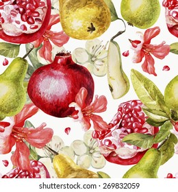 Beautiful watercolor pattern with fruits and flowers of pomegranate and pear. Vector.