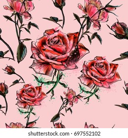 Beautiful watercolor pattern with roses in hand drawn watercolor style