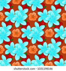 Beautiful watercolor plumeria flowers, bright painting inspired floral print. Vector seamless pattern in orange, red and blue colors.