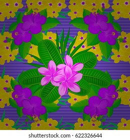 Beautiful watercolor plumeria flowers, bright painting inspired floral print. Vector seamless pattern on a violet background.