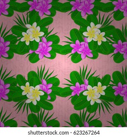 Beautiful watercolor plumeria flowers, bright painting inspired floral print. Vector seamless pattern on a pink background.