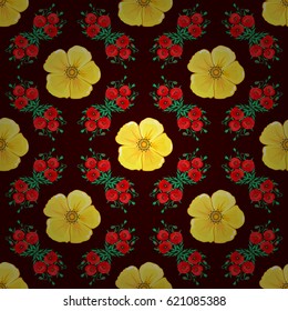 Beautiful watercolor poppy flowers on a brown background. Bright painting inspired poppy flower print. Vector seamless background.