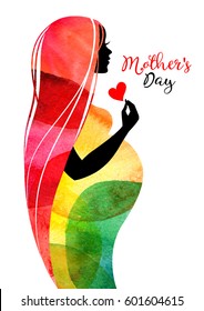 Beautiful watercolor pregnant profile mother silhouette. Woman vector illustration. Happy Mothers Day banners set