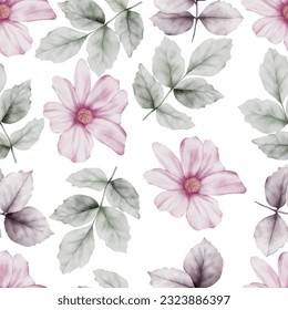 beautiful watercolor purple flower and greenery leaves seamless pattern