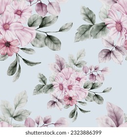beautiful watercolor purple flower and greenery leaves seamless pattern