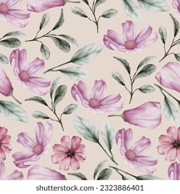 beautiful watercolor purple flower and greenery leaves seamless pattern