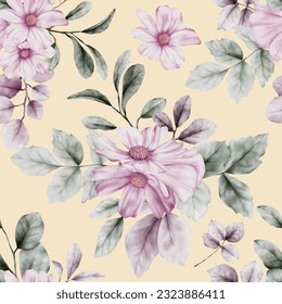 beautiful watercolor purple flower and greenery leaves seamless pattern