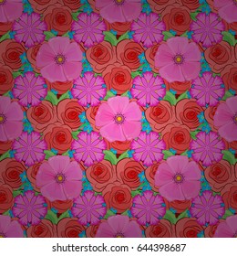 Beautiful watercolor rose flowers and green leaves, bright painting inspired floral print. Vector seamless pattern on a red background.
