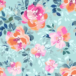 Beautiful Watercolor Roses, Bright Painting Inspired Flower Print ~ Seamless Background 