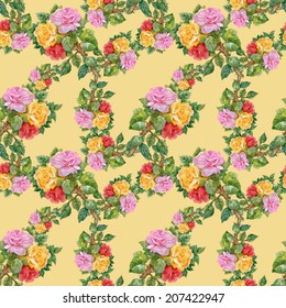 Beautiful watercolor roses seamless pattern on yellow background vector illustration