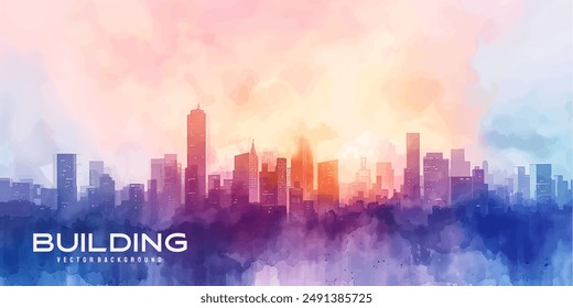 beautiful watercolor scene of a city skyline at twilight, with the sky transitioning from day to night in a blend of soft colors, building city watercolor