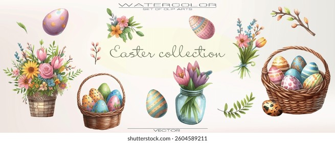 Beautiful watercolor set featuring birds, colorful Easter eggs, and vibrant flowers — great for invitations, decor, and craft projects.