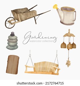 Beautiful watercolor set of gardening equipment. Design elements accessories of Garden, farm, plants and agriculture.