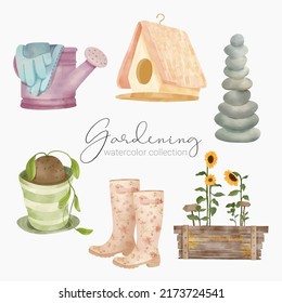 Beautiful watercolor set of gardening equipment. Design elements accessories of Garden, farm, plants and agriculture.