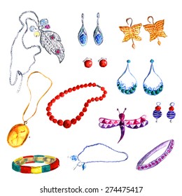 Beautiful watercolor set of jewellery items. Hand drawn accessories: necklace, earrings, beads, brooch with dragonfly and bracelets. Vector illustration.