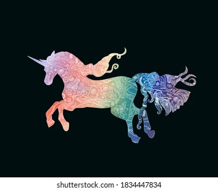 Beautiful watercolor unicorn with white tracery isolated on the black background. Horse's silhouette in rainbow colors filled with floral drawings. Vector illustration for cards, decor, print